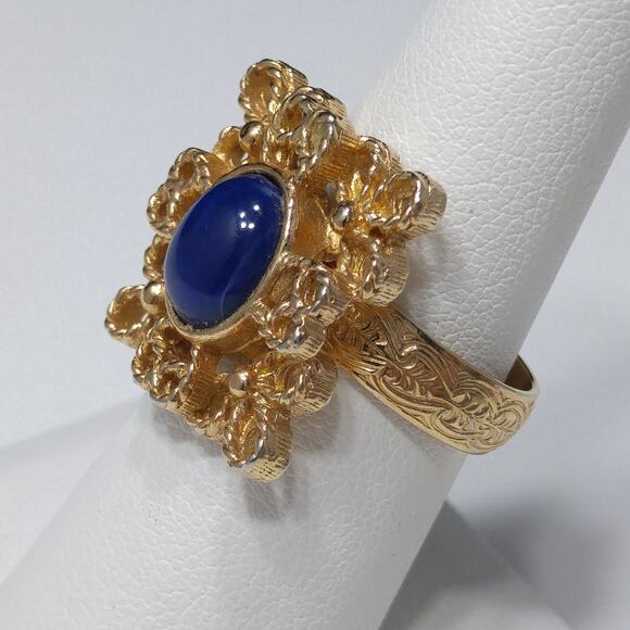 Sarah Coventry Victoria Blue Ring Gold Tone Open Weave Adjustable 1970s - Picture 3 of 10